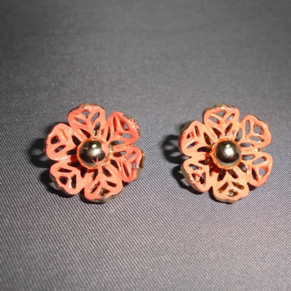 Gold Tone Coral Painted Flower Clip Earrings